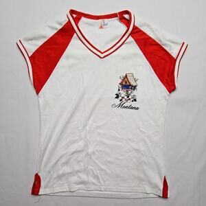 Vintage Montana Graphic Tee Le Riche Red White V-Neck Large Short Sleeve Shirt